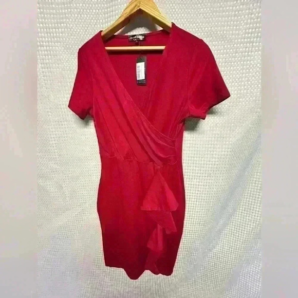 NWT! Beautiful Red Dress Oxiuly Womens V Neck, Slim Ruffle Pencil Dress Size L - Picture 3 of 11